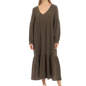 Olive green 100% cotton crinkle gauze muslin double cloth maxi dress